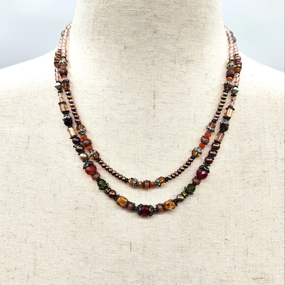 Silpada Sterling Silver Earth Tone Double Strand Beaded Layered Necklace Boho‎